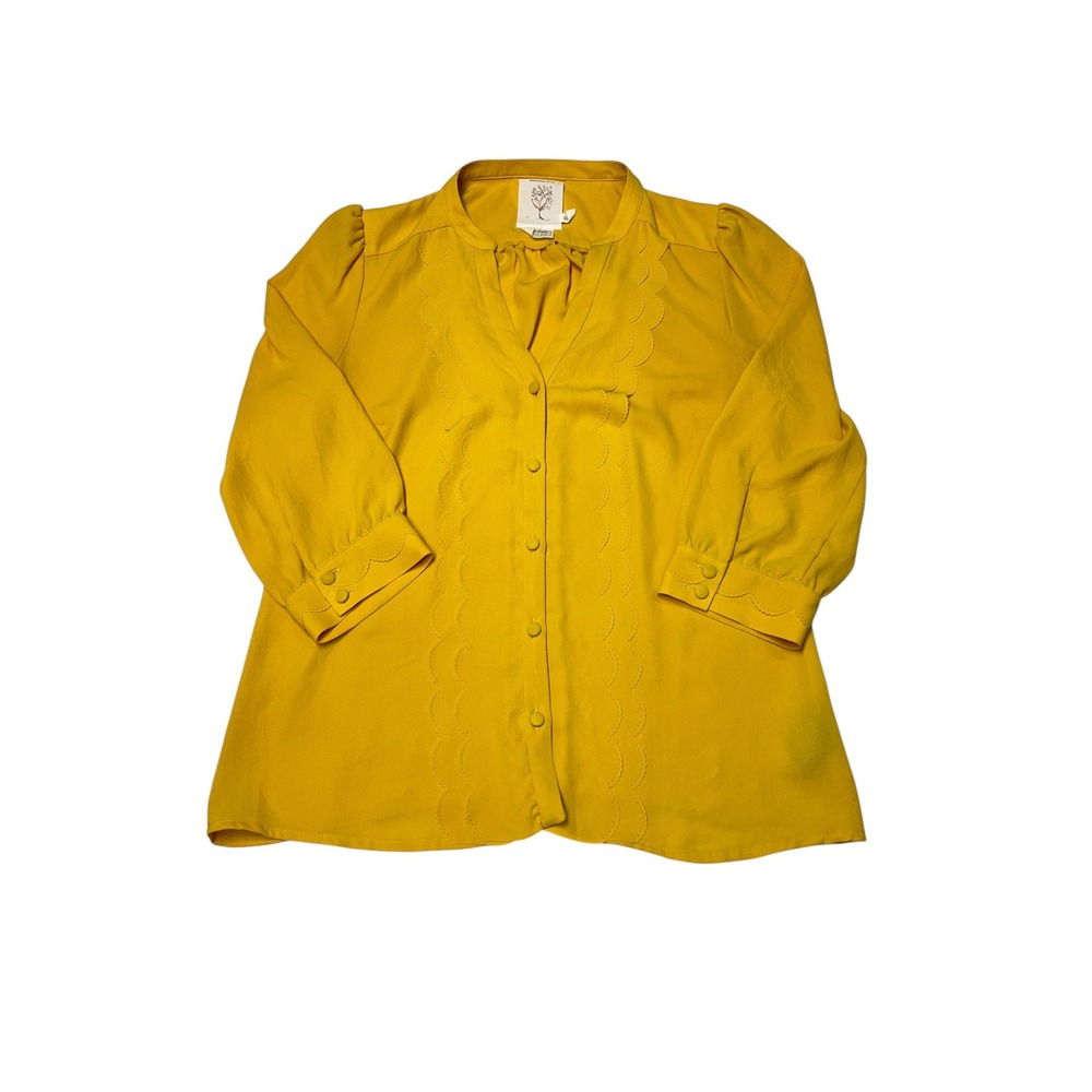 Meadow Rue Anthropologie Scalloped Trim Blouse Mustard Yellow Women 2 3/4 Sleeve